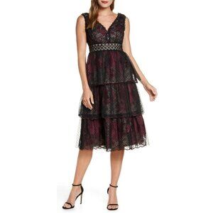 NWT Taylor Black/Burgundy Tiered Tulle Lace Midi Dress 4 Whimsigoth Fairy